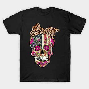 American Flag Sugar Skull Leopard Bow T-Shirt